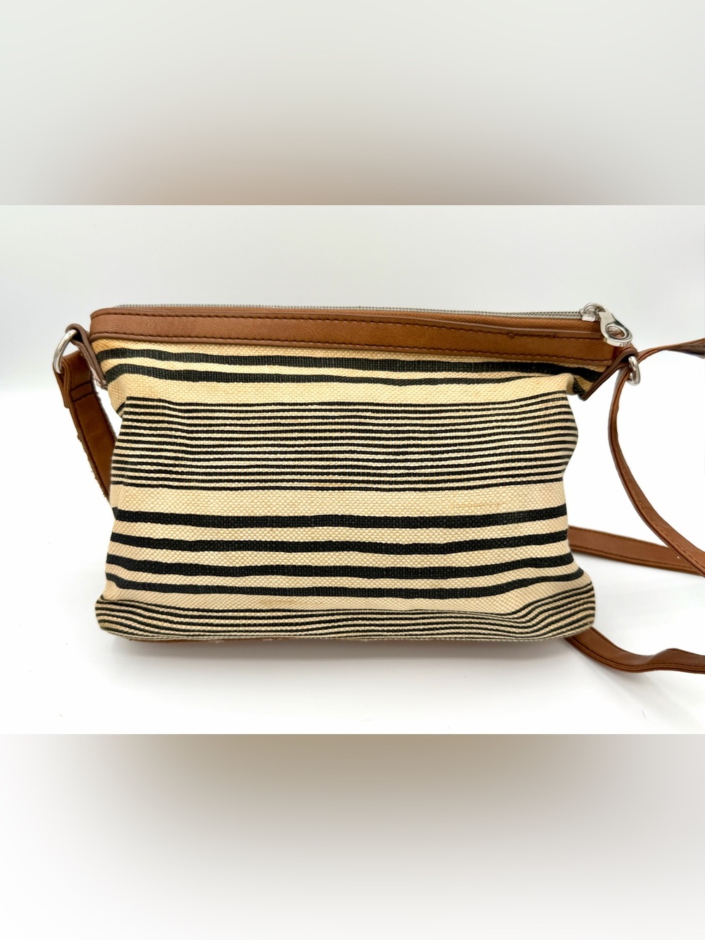 Relic Striped Canvas Crossbody Bag Tan Faux Leather Trim Multi Pocket Boho Purse - Picture 4 of 16